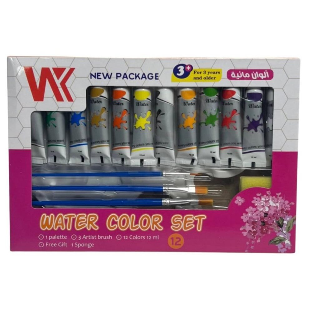 الوان مائية 12 لون ( 12 ملم + 3 فرش + اسفنجة + بايلت الوان )